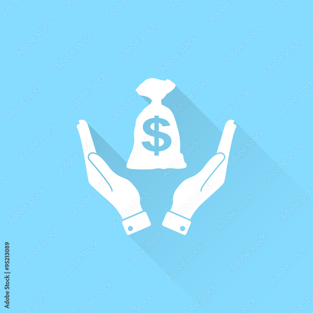 Obraz premium Money bag in hand vector icon. Hand holds cash bag in dollars symbol. Money insurance sign.