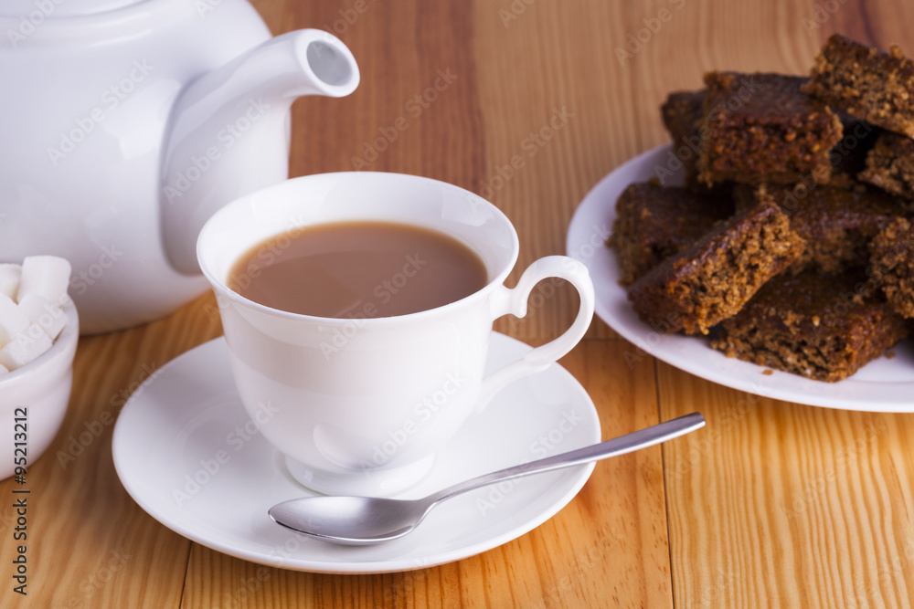 Cup of English Tea with Cake for Tea Break in Afternoon Cup of English Tea with Cake for Tea Break in Afternoon