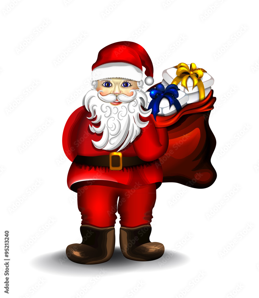 Obraz premium cartoon Santa Claus with full bag of gifts. vector icon 
