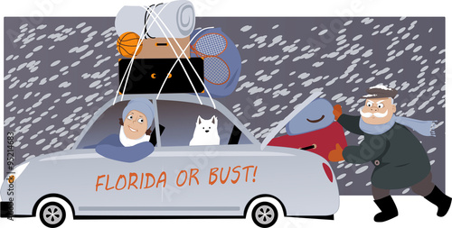 Senior couple with a dog packing a car under the snow and moving to Florida, EPS 8 vector illustration, no transparencies photo