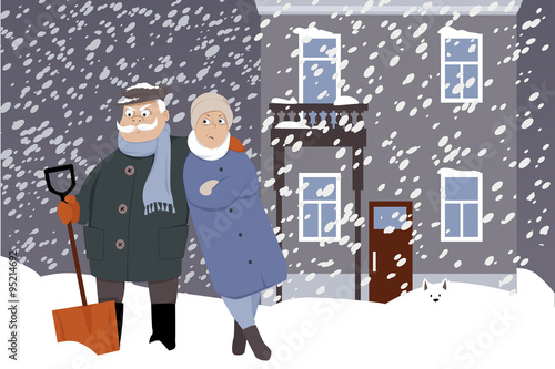 Upset senior couple with a snow shovel under the snow, winter city street on the background, EPS 8 vector illustration, no transparencies