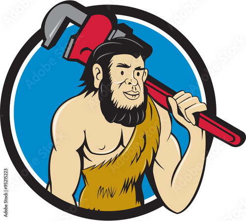 Neanderthal CaveMan Plumber Monkey Wrench Circle Cartoon