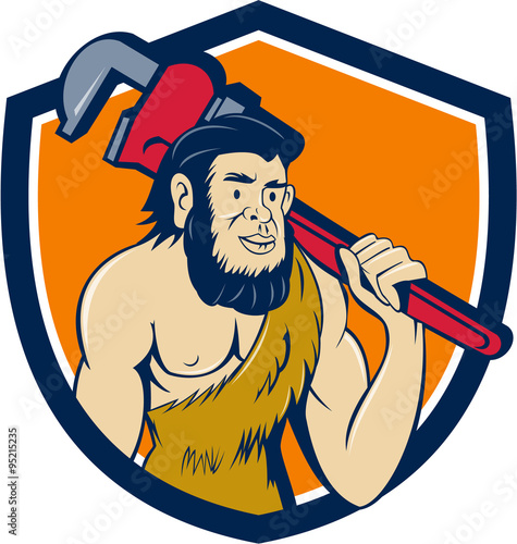 Neanderthal CaveMan Plumber Monkey Wrench Shield Cartoon