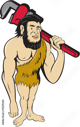 Neanderthal CaveMan Plumber Monkey Wrench Cartoon