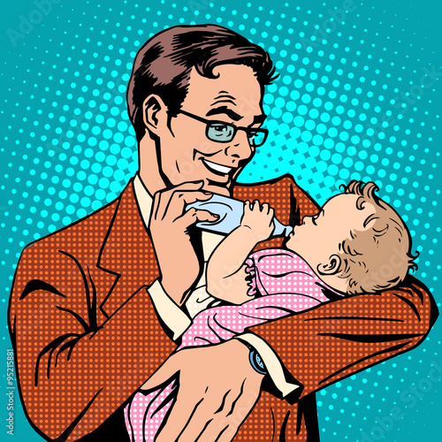 Happy father feeding newborn baby with milk