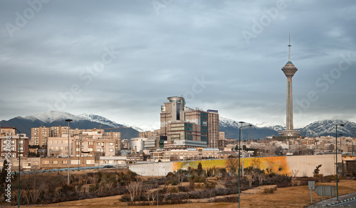 Tehran Skyline and Milad Tower Against Overcast Sky in Autumn