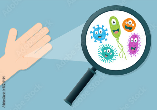 Colorful germs on a hand being viewed in a magnifying glass - Vector illustration