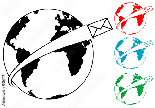 Pictograma correo alrededor mundo varios colores