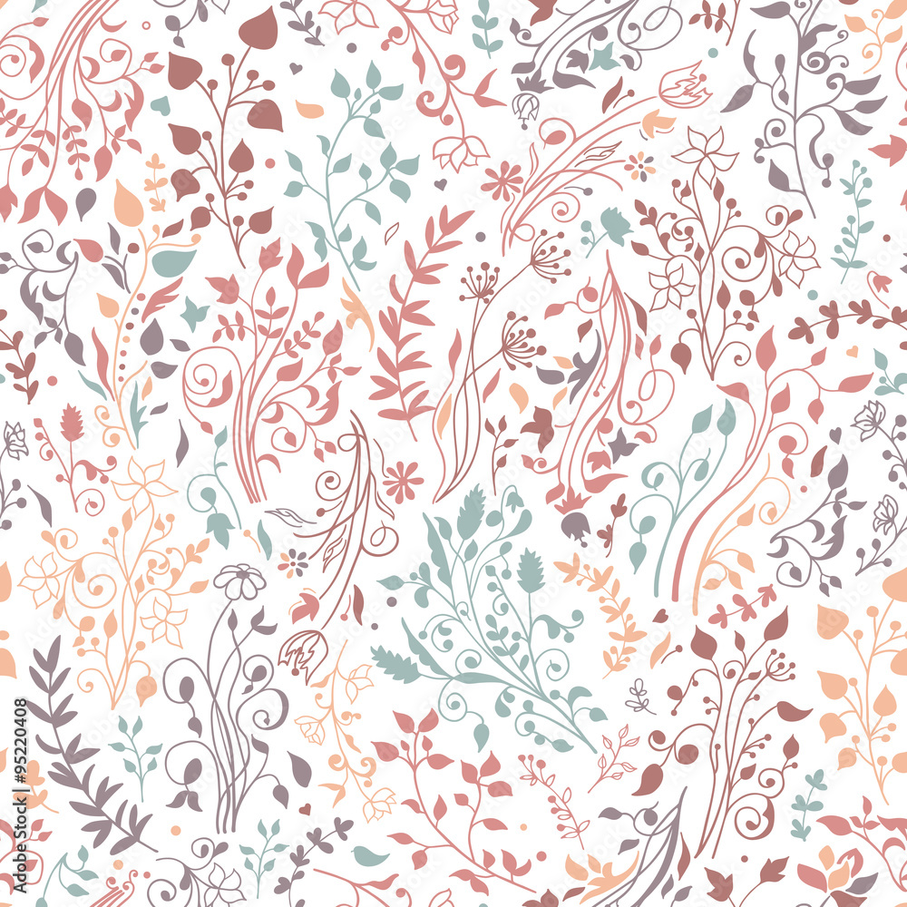 Fototapeta premium Floral seamless pattern. Decorations, leaves, flower ornaments