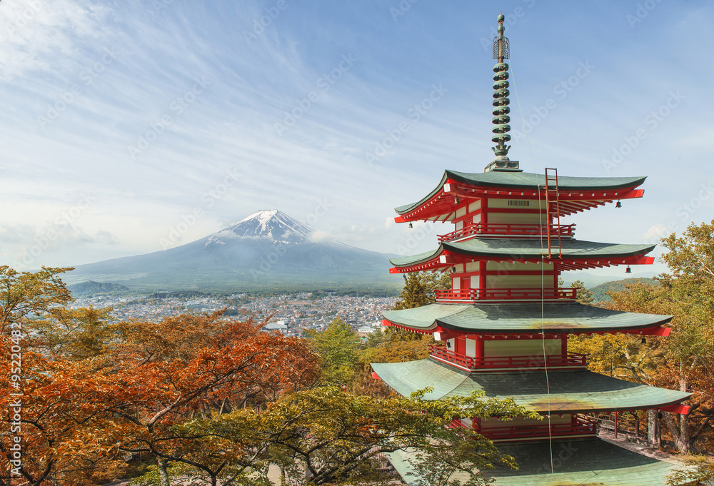 Travel destination - Mt. Fuji with red pagoda in Spring, Fujiyos