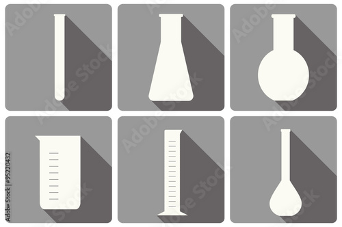 vector set of laboratory glassware flat icons  tubing  beaker  measurement glass
