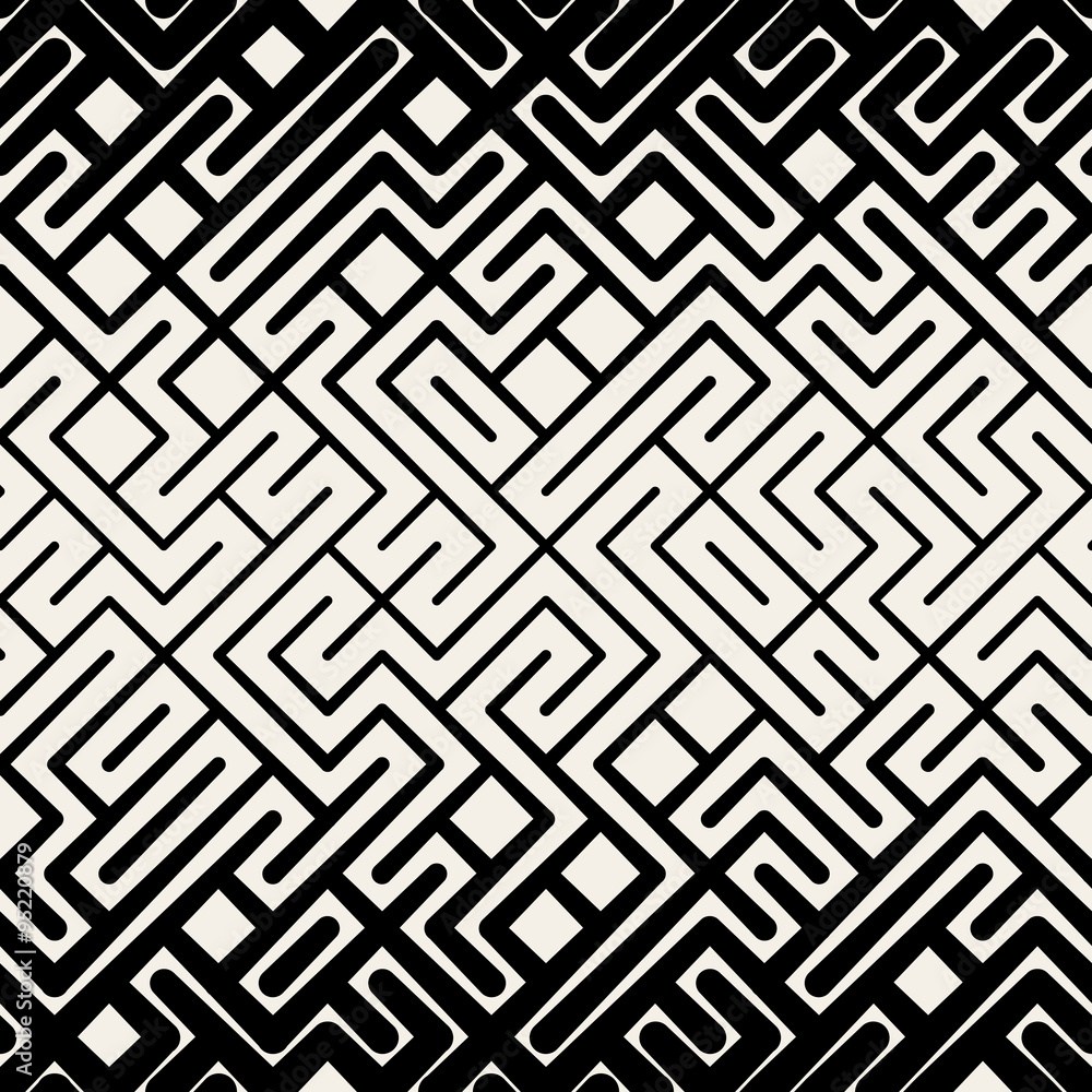 Vector Seamless  Black and White Stripes Line Geometric Maze Square Pattern