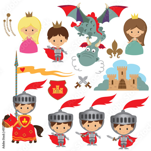 Knight, princess and dragon vector illustration