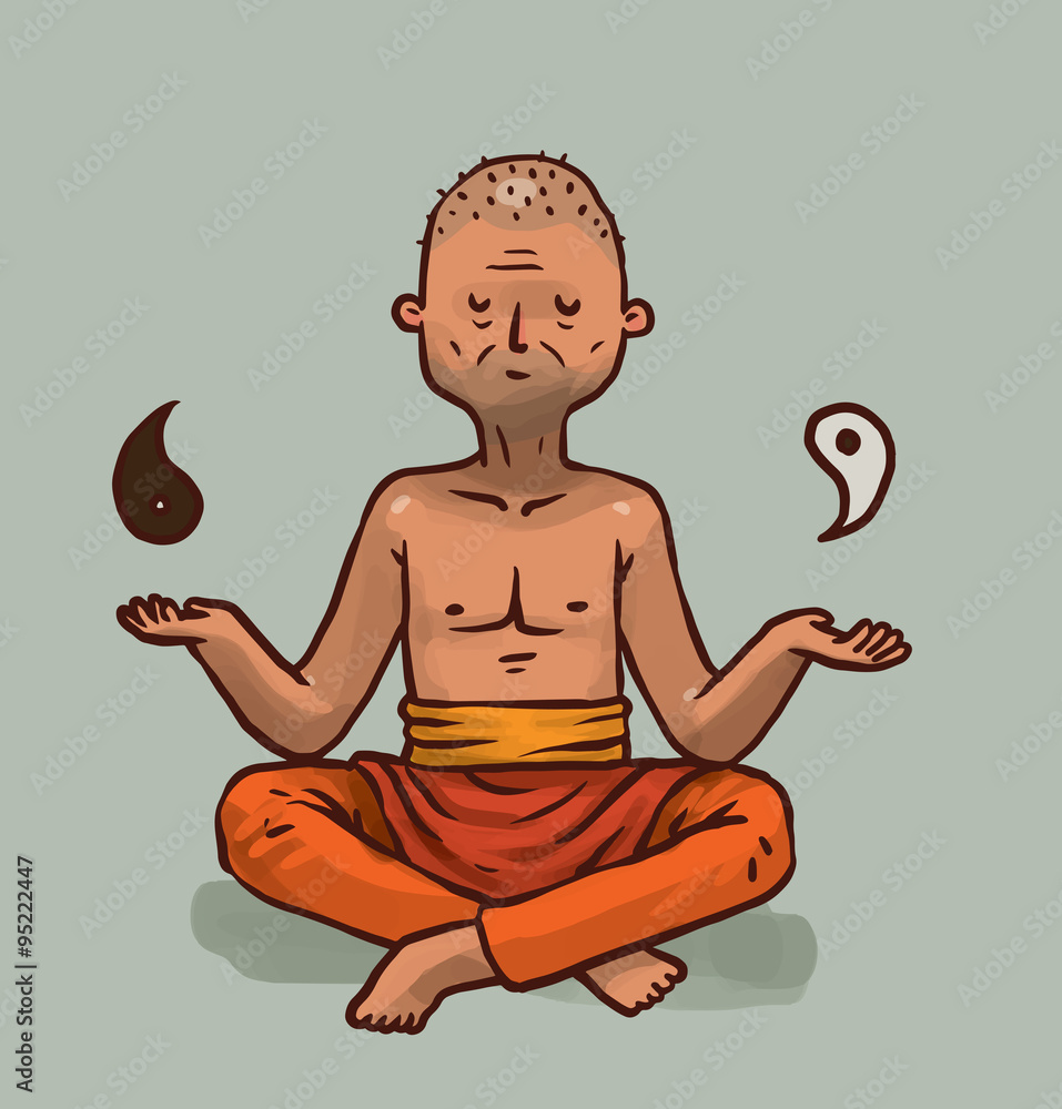 Vector cartoon image of a bald Buddhist monk in orange pants sitting and  meditating in the lotus position with black and white yin-yang on his hands  on a light gray background. Stock
