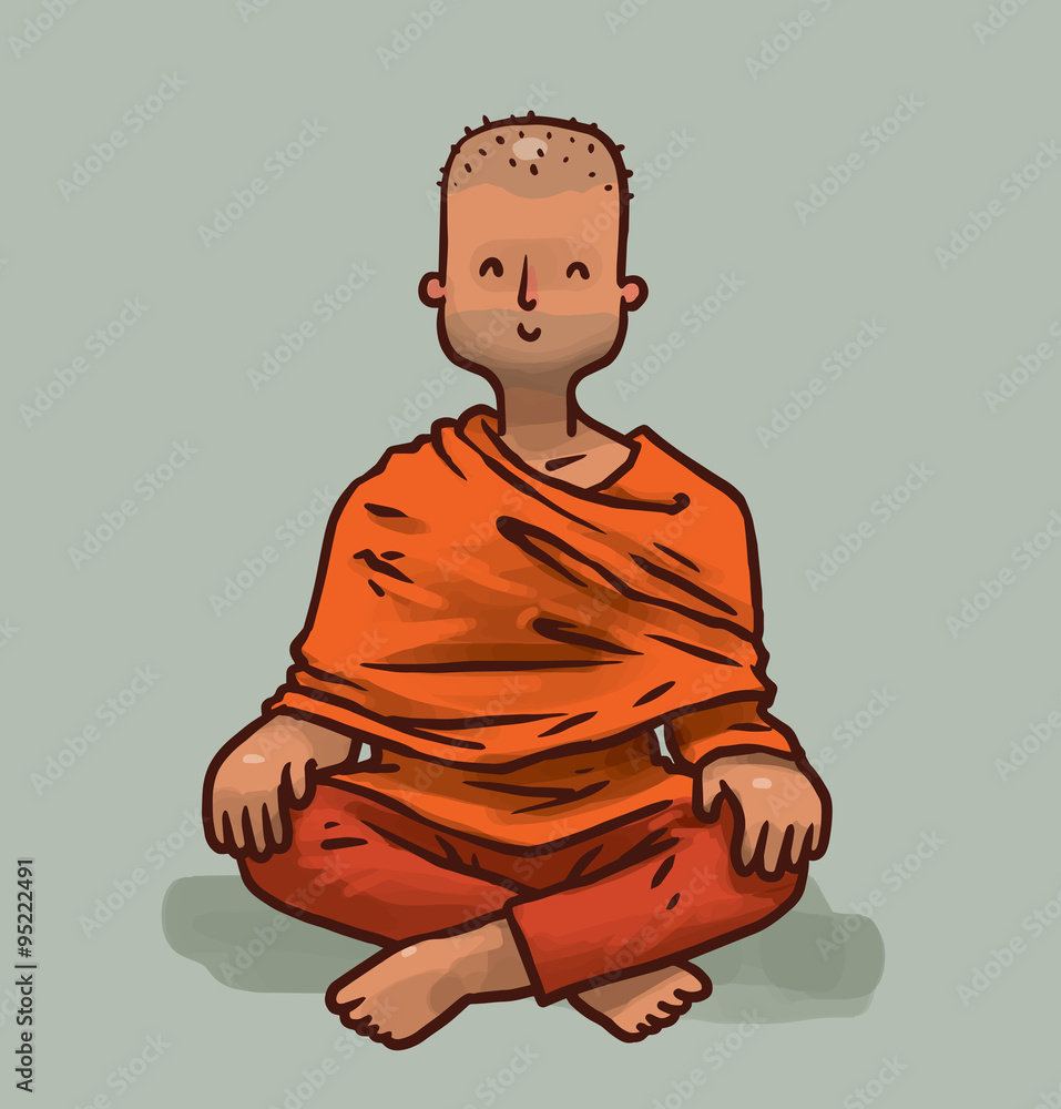 Vector Buddhist monk young. Cartoon image of a young bald Buddhist monk in  an orange kasaya sitting and meditating in the lotus position on a light  gray background. Stock Vector | Adobe