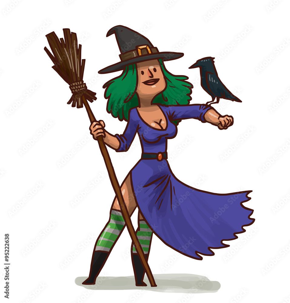 Vector cartoon image of a pretty witch with green hair in a purple dress,  green striped