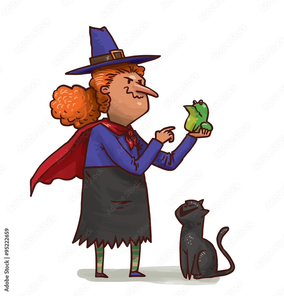 Vector cartoon image of a terrible witch with ginger hair in a black skirt,  violet jacket,