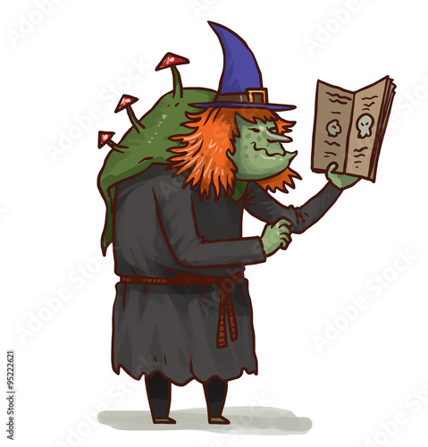 Vector cartoon image of a terrible green witch with red mushrooms on her back with ginger hair in a black dress and blue pointed hat with a light brown spellbook in her hand on a white background.