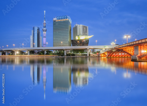 Tokyo Sumida river view with high building and Tokyo Skytree in evening