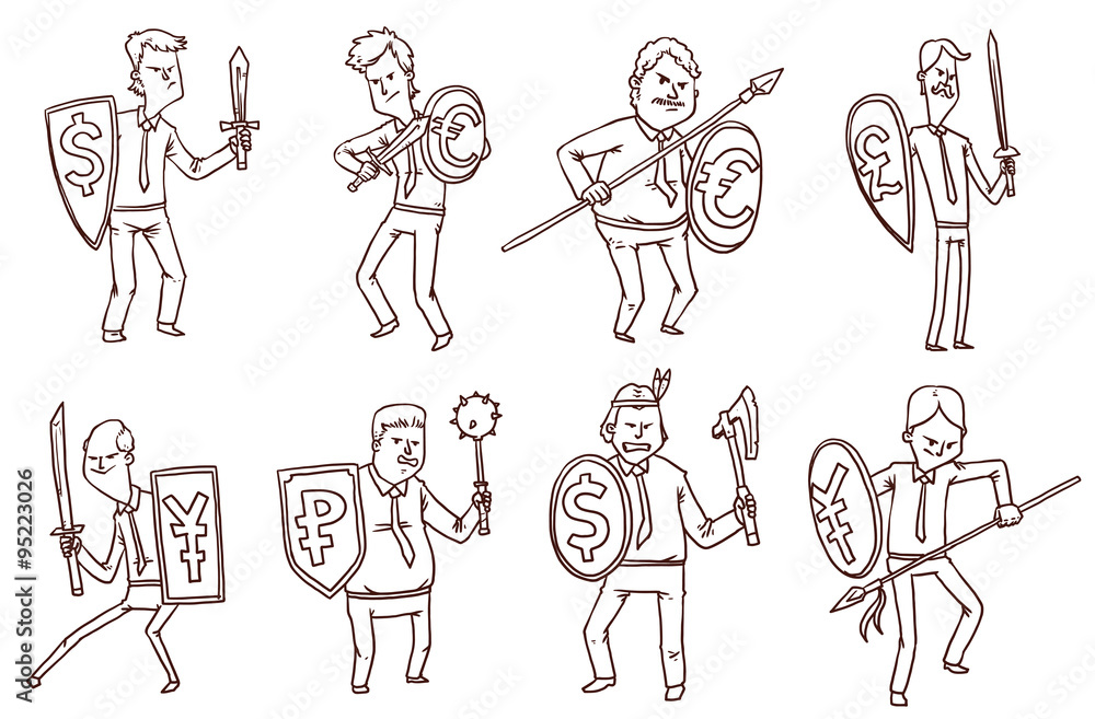 Vector line cartoon image of the eight men in the office dressed with shields with different currencies signs on them and with various melee weapons in the hands on a white background.