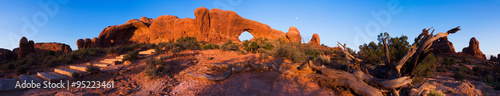 Panorama of the North Window at Sunset in National Park, Utah. This arid desert is in the Great Basin of the United States.
