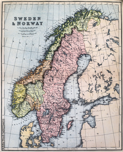 Fotografie Map of 19th Century Sweden and Norway