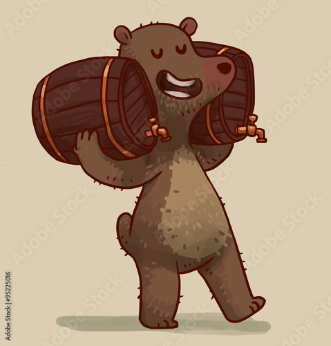 Vector Bear with two barrels of beer. Cartoon image of a funny brown bear carrying on the shoulders of two brown wooden barrels of beer on a light background.