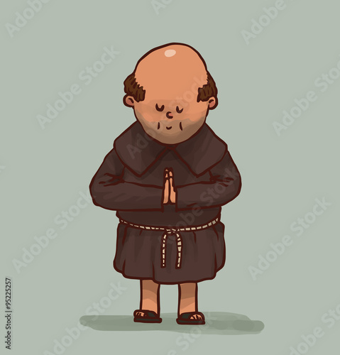 Vector Monk is praying. Cartoon image of a bald monk in a brown cassock praying on a light gray background.