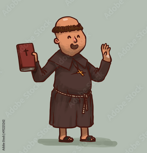 Vector Monk with a holy book. Cartoon image of a bald monk in a brown cassock with red holy book in his hand on a light gray background.