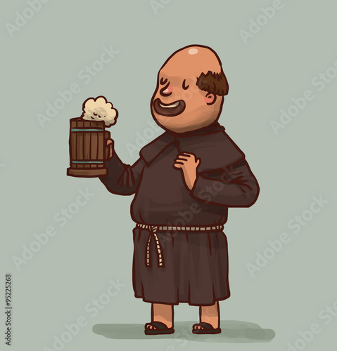 Vector Monk with a mug of beer. Cartoon image of a bald monk in a brown cassock with brown wooden mug of beer in his hand on a light gray background.