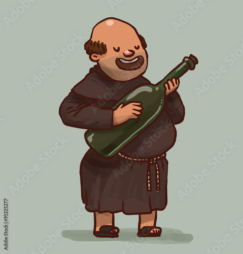 Vector Monk with big bottle of wine. Cartoon image of a bald monk in a brown cassock with big green  bottle of wine in his hands on a light gray background.