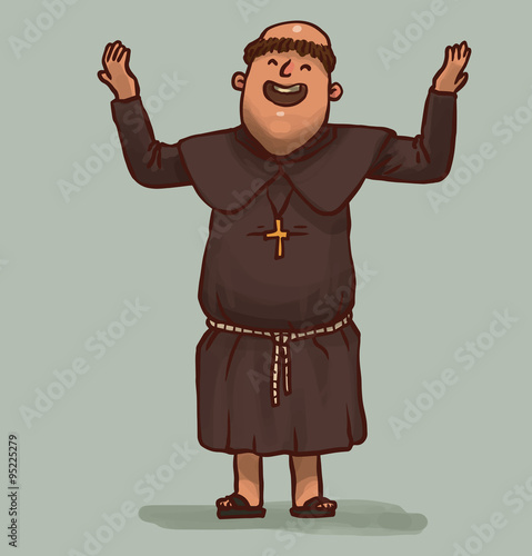 Vector Monk. Cartoon image of a bald monk in a brown cassock standing on a light gray background.