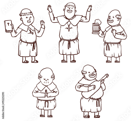 Vector Monks set, line art. Line cartoon image of the five bald monks in cassocks in various poses on a white background.