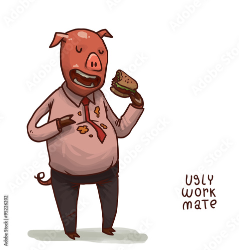 Vector cartoon image of ugly work mate as a pink pig in black trousers, light pink stained shirt and red tie, sloppy eating hamburger on a white background.