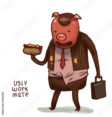 Vector cartoon image of ugly work mate as a pink pig in brown striped stained suit, light pink shirt and red tie, with a black briefcase in his hand sloppy eating hamburger on a white background.