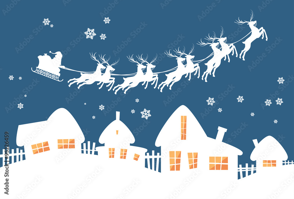 Santa Claus Sleigh Reindeer Fly Sky over House Christmas New Year Card