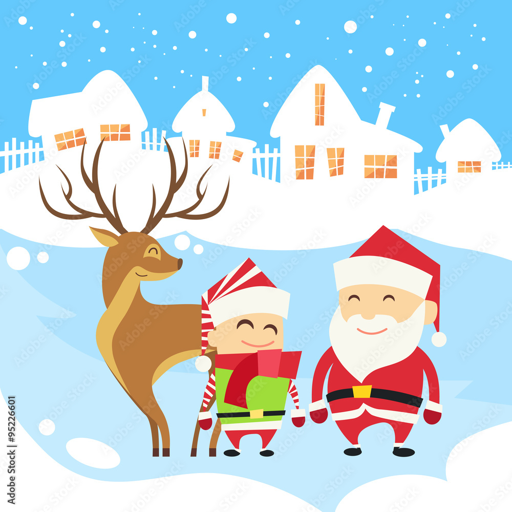 Santa Clause Christmas Elf Reindeer over Winter Snow House Village Silhouette New Year Card