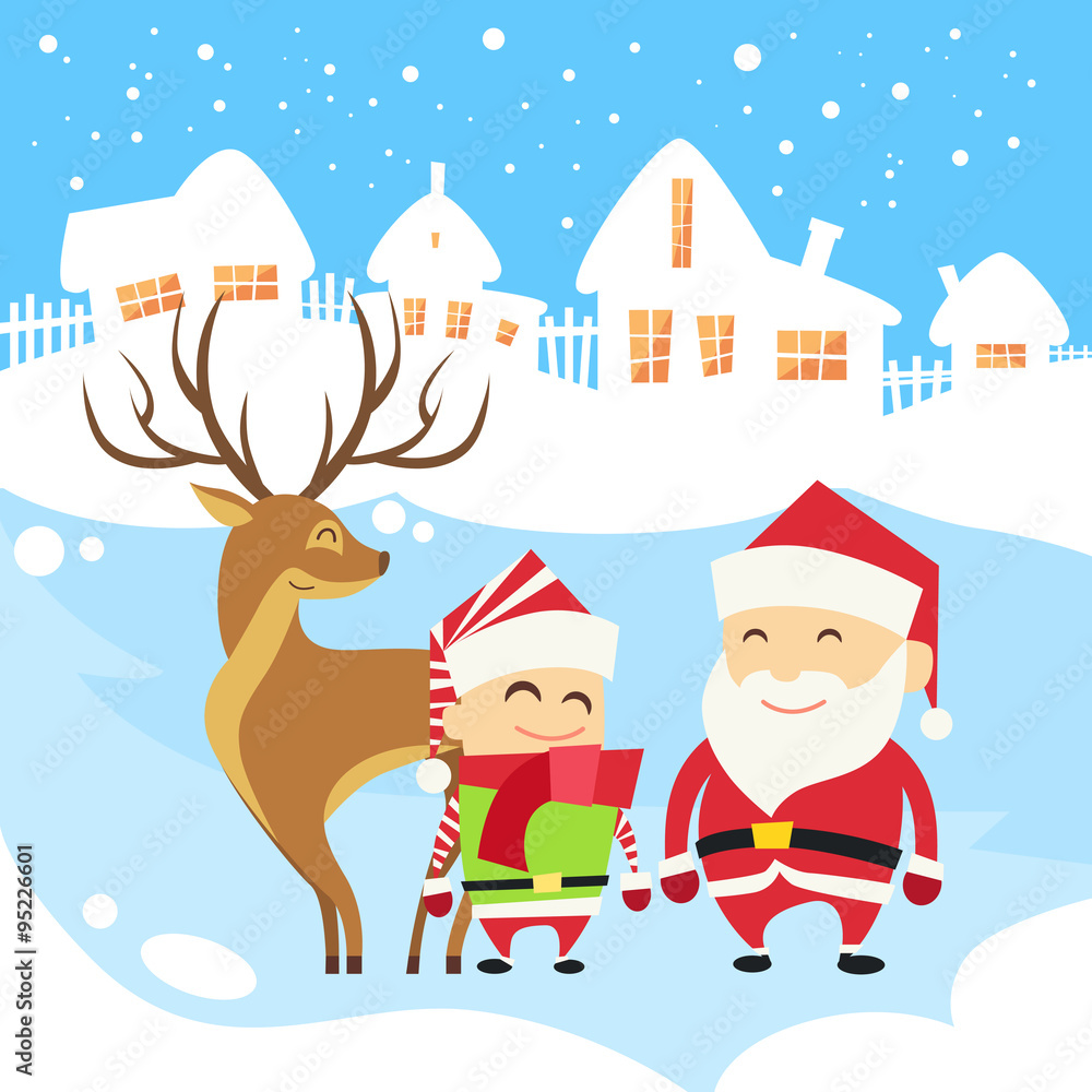 Santa Clause Christmas Elf Reindeer over Winter Snow House Village Silhouette New Year Card Santa Clause Christmas Elf Reindeer over Winter Snow House Village Silhouette New Year Card