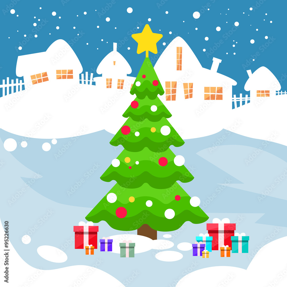 Christmas Green Pine Tree Snow House New Year Card