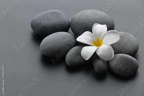 Spa stones with flower on gray background