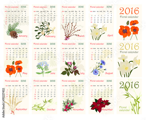 Romantic floral calendar for 2016 with realistic beautiful flowers.