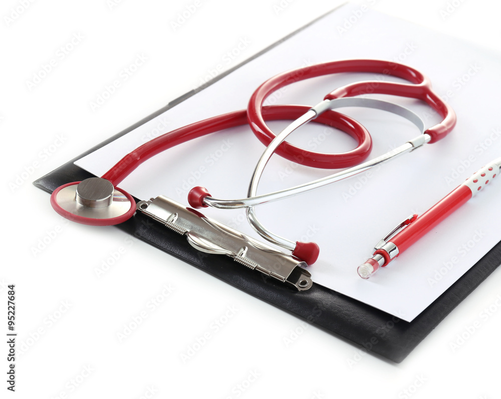 Medical stethoscope with clipboard isolated on white Medical stethoscope with clipboard isolated on white