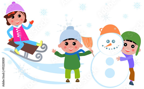 Vector illustration of cute kids playing Winter games.