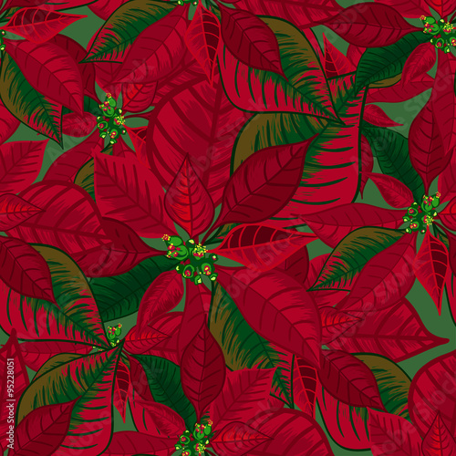 Abstract texture with poinsettia. Seamless pattern with Christmas flower bouquet ornament