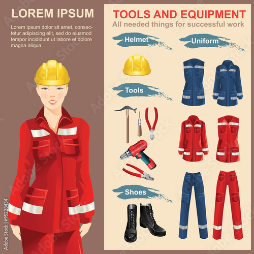 Set of work hand tools. Vector illustration of electric screwdriver or drill. Woman worker in protective wear and helmet. Set of protective wear, shoes and yellow safety helmet