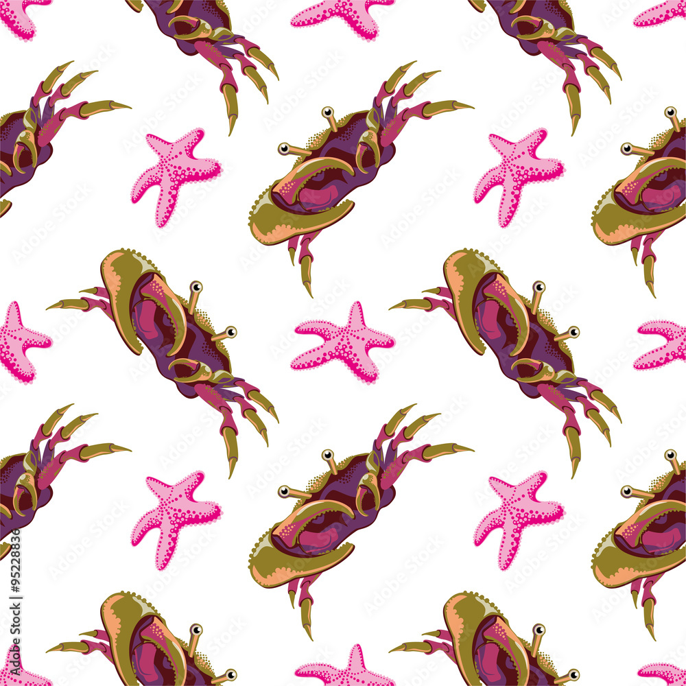 Obraz premium Seamless pattern with crabs and starfish