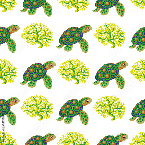 Seamless pattern with tropical turtle and coral