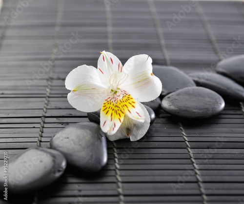 Set of spa stones with orchid on bamboo mat