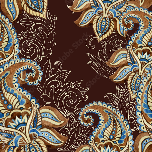 Paisley seamless pattern. Watercolor indian ornament