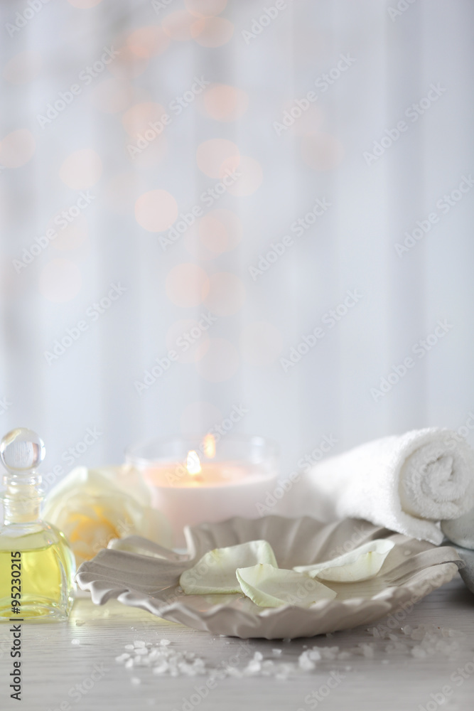 Beautiful composition of spa treatment on wooden table Beautiful composition of spa treatment on wooden table